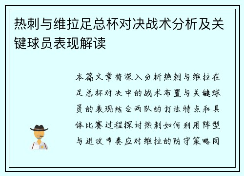 热刺与维拉足总杯对决战术分析及关键球员表现解读