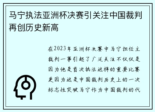 马宁执法亚洲杯决赛引关注中国裁判再创历史新高