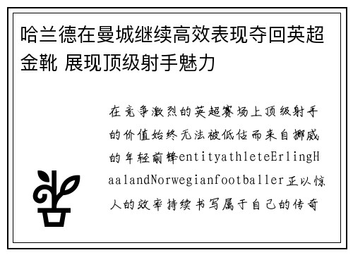 哈兰德在曼城继续高效表现夺回英超金靴 展现顶级射手魅力